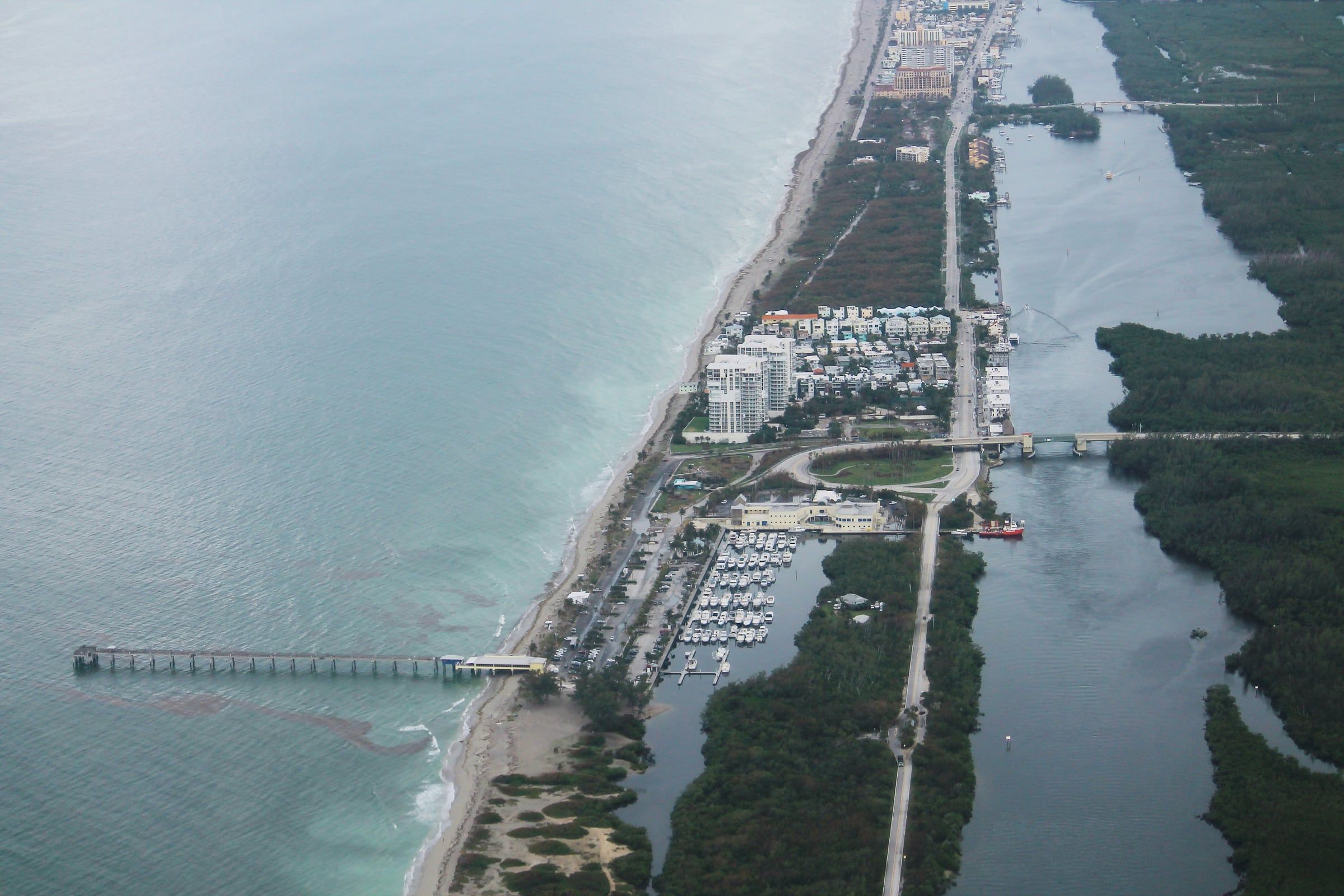 Aerial view of Dania Beach, its pier and the Intracoastal
