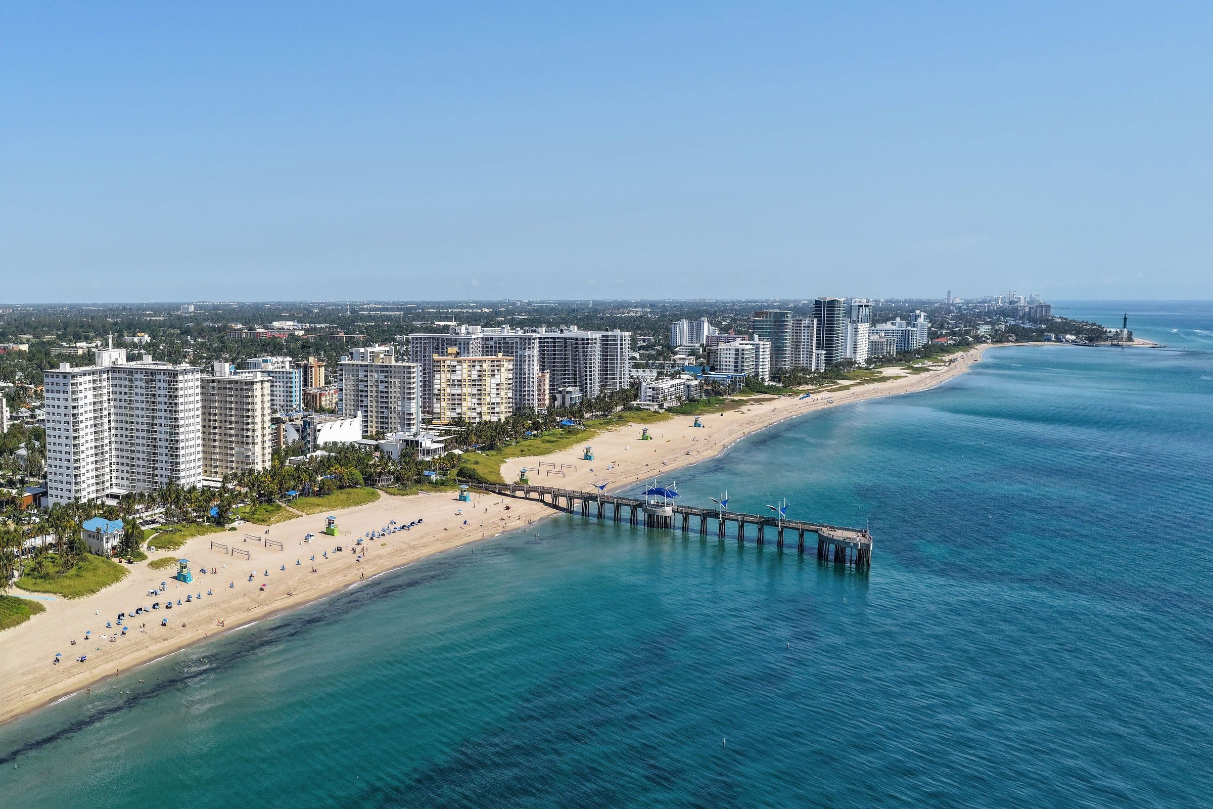 Aerial view of Pompano Beach, the pier and beachfront towers